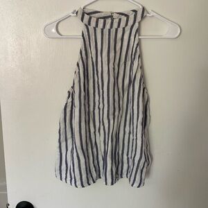 White and blue striped summer tank top linen material buttons in the back